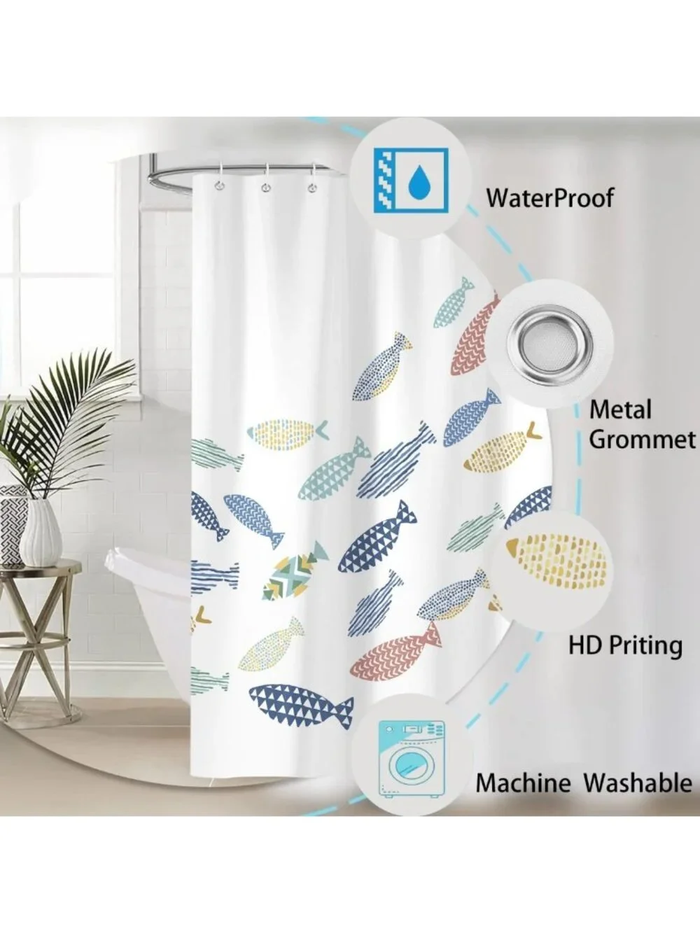 Colorful Ocean Fish Shower Curtain - Waterproof, Washable, Minimalist Bathroom